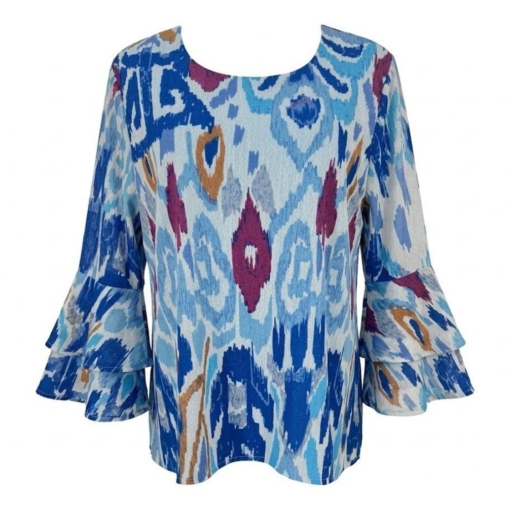 NEW Calessa Women's LARGE Blue Ikat Abstract Tiered Bell Sleeve Blouse Shirt